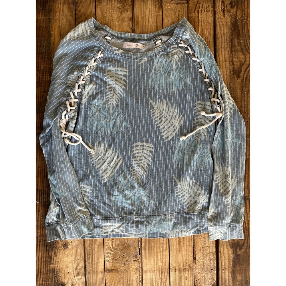 Billy T Womens Blue Striped Tropical Leaf Lace Up Shoulder Sweatshirt Size L